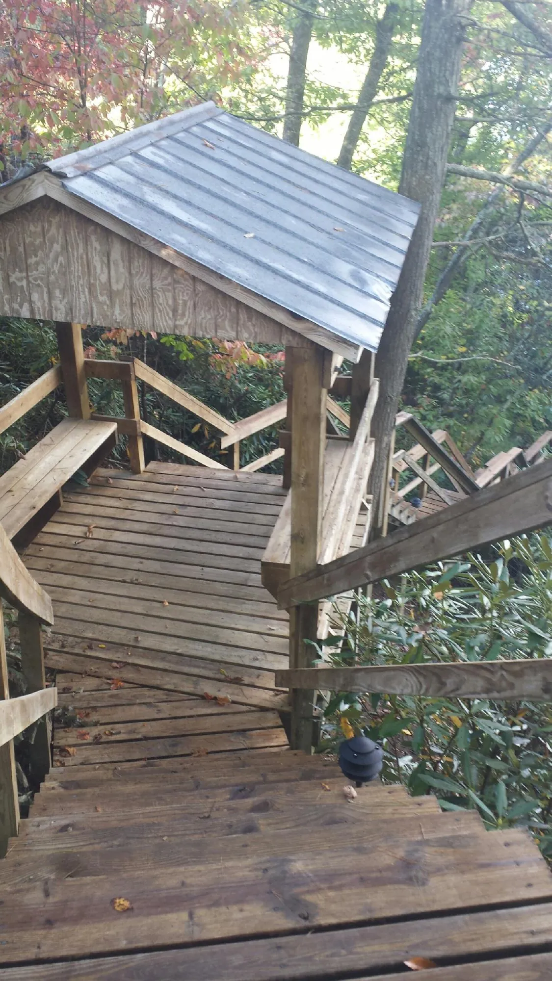 Metal roofed shelter over wooden steps on a wooded walkway — Skylight Repair & Installation work by our crew in Delaware